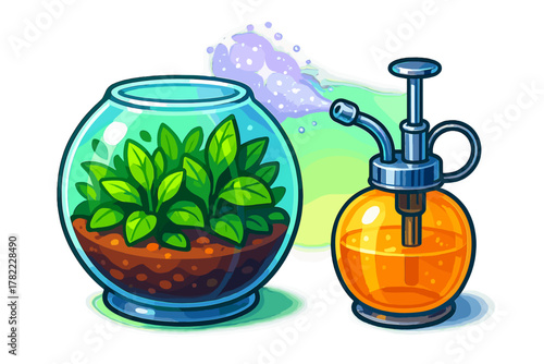 Vintage atomizer spraying water mist onto lush green plants inside a small glass terrarium bowl