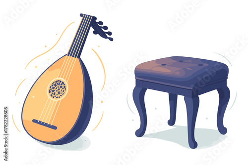 Traditional Middle Eastern oud string instrument and small upholstered wooden stool