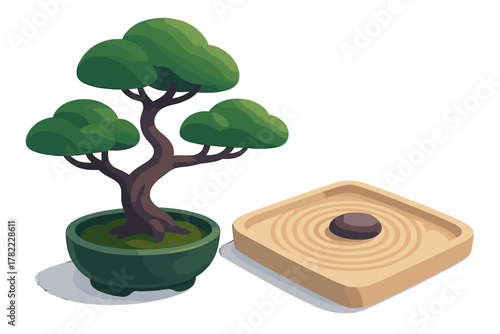 Traditional Japanese miniature bonsai tree in a green pot beside a small zen rock garden