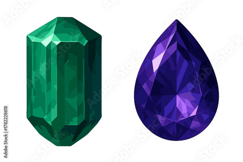 Vibrant green emerald cut gemstone and deep purple pear cut jewel isolated on white background