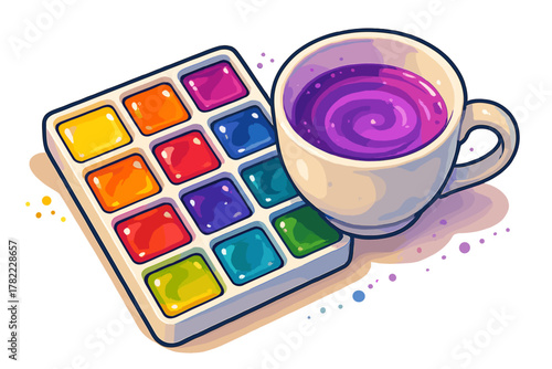 Colorful watercolor paint palette next to a white cup filled with swirling purple liquid