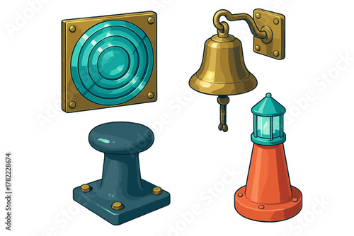 Set of maritime navigation equipment including ship bell, radar screen, mooring bollard, and harbor beacon