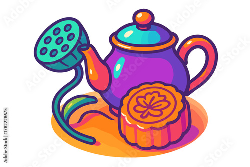 Vibrant purple teapot, traditional mooncake, and lotus seed head still life