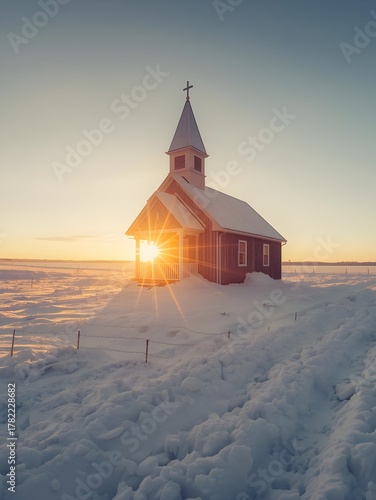Small rural chapel covered in snow at sunrise with golden light through windows, symbol of faith, peace, and spiritual new beginnings