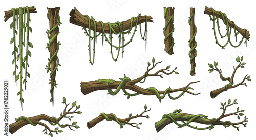 Vibrant jungle vines and weathered branches create an adventurous and natural scene, perfect for adventure or nature-themed projects