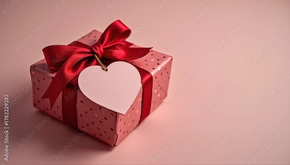 Obraz premium Pink gift box with a red satin ribbon and heart-shaped tag on a soft pink background.