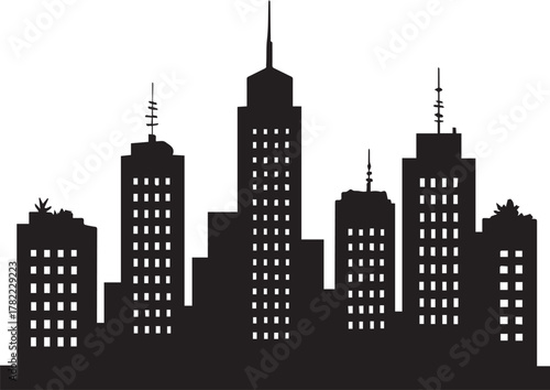 A stark black silhouette of a city skyline with various tall buildings, featuring illuminated windows, against a white background.