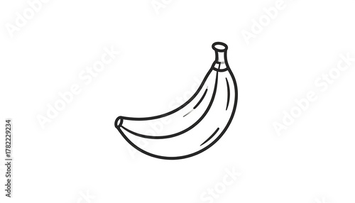 Simple black and white illustration of a ripe banana against a plain white background. The peel is curved and a bit of the stem is visible
