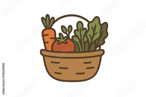 Woven basket overflowing with fresh organic vegetables and leafy greens