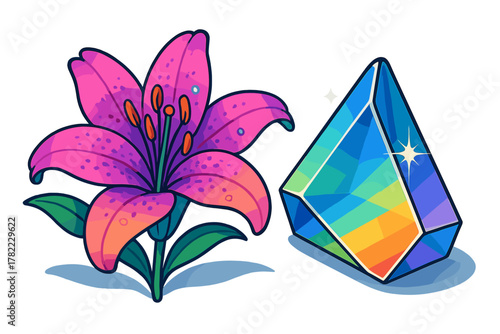Vibrant pink lily flower with green leaves next to a sparkling rainbow colored geometric crystal gem