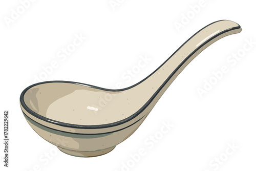 Ceramic Asian soup spoon with speckled texture and blue rim isolated on white background