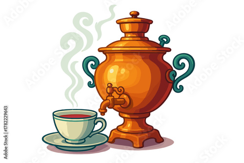 Traditional Russian samovar tea urn made of copper or brass next to a steaming hot cup