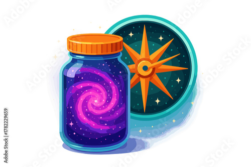 Cosmic galaxy swirl contained inside a glass jar next to a stylized compass rose symbol