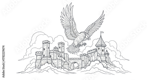Majestic eagle soars above a dreamy castle in the clouds, perfect for fantasy stories or fairy tale illustrations with a touch of magic and wonder