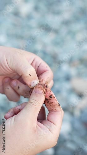 Realistic Fishing Scene – Man Putting Worm on Hook by the Water, Vertical Video 