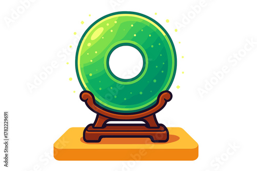 Ancient Chinese jade bi disc artifact displayed on a traditional wooden stand