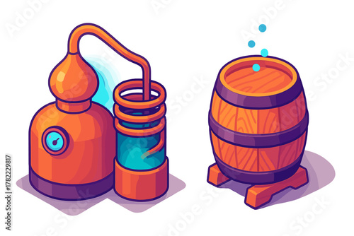 Copper still apparatus with cooling coil and wooden barrel for brewing alcohol