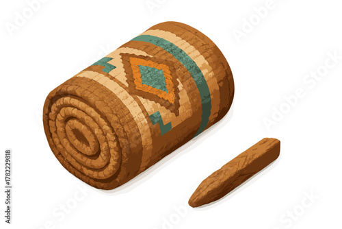 Rolled woven camping mat with geometric pattern and wooden tent peg isolated on white background