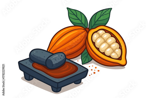 Cacao pods and traditional metate stone for grinding cocoa beans into chocolate paste