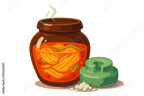 Steaming spicy Korean kimchi in a traditional brown fermentation jar with a green lid