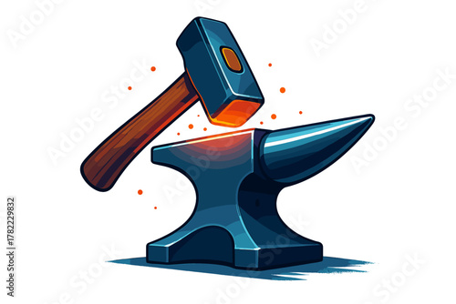 Blacksmith hammer striking a glowing hot anvil surface during traditional metal forging
