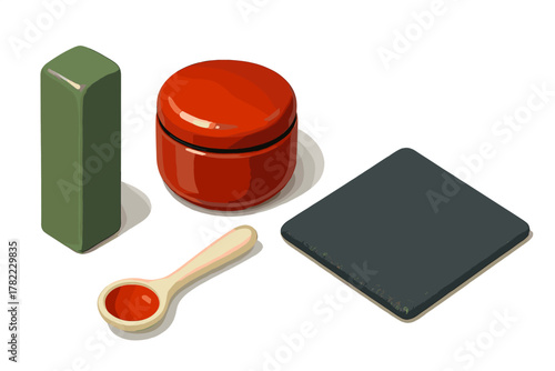 Traditional East Asian sealing tools set featuring cinnabar paste, stone, and wooden spoon on white background
