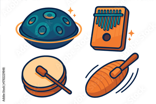 Stylized set of four musical instruments including handpan kalimba drum and guiro icons