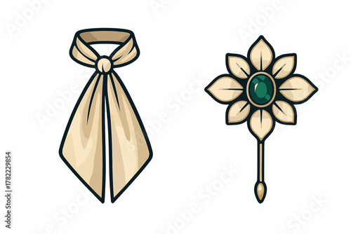 Elegant vintage accessories set featuring a formal beige cravat and a golden flower brooch with green gemstone
