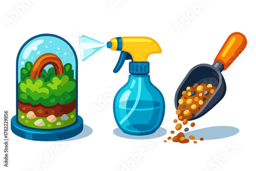 Glass terrarium kit with spray bottle and soil scoop for indoor gardening hobby