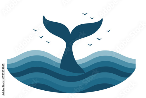 Deep blue whale tail silhouette rising above stylized ocean waves with flying seabirds
