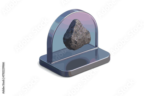 Futuristic display case holding a textured meteorite fragment floating above a metallic base