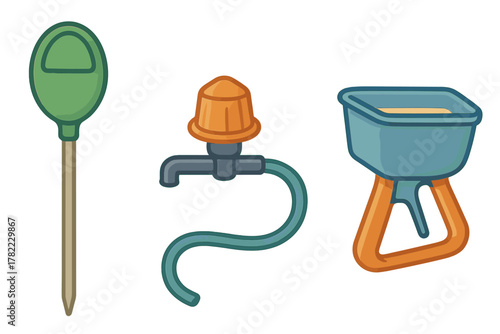 Essential garden tools set including soil moisture meter, water sprinkler, and seed spreader