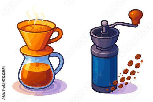 Manual coffee grinder and pour-over brewing setup with steaming hot coffee in a glass carafe