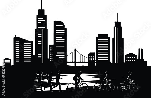 A black and white silhouette of a city skyline featuring tall buildings, a bridge, and people cycling in the foreground.