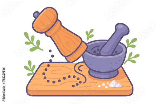 Wooden pepper grinder and stone mortar with pestle preparing spices on a cutting board