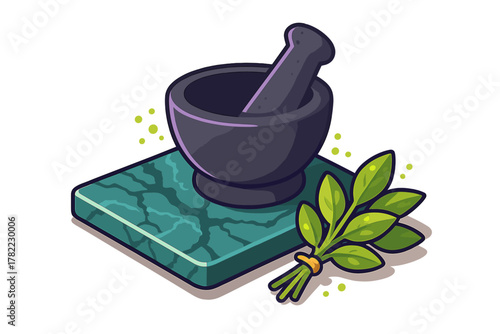 Traditional mortar and pestle with fresh herbs on a green marble surface for grinding spices and medicine