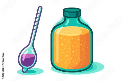 Bottle of orange liquid medicine next to a measuring spoon holding purple syrup