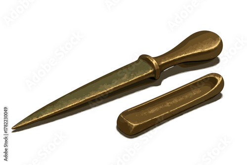 Detailed 3D render of an antique bronze letter opener and scabbard isolated on white