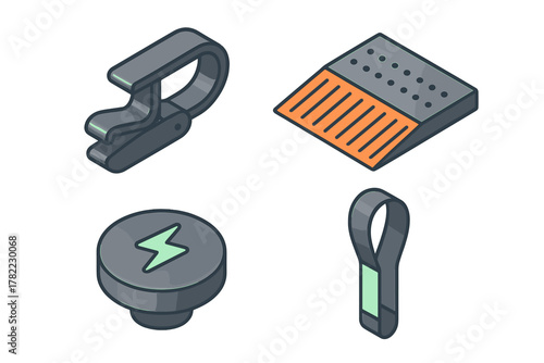 Isometric icons set featuring electronic accessories, charging symbols, and power elements