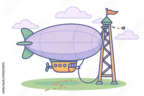 Vintage airship blimp docked at a tall mooring tower station on a green field