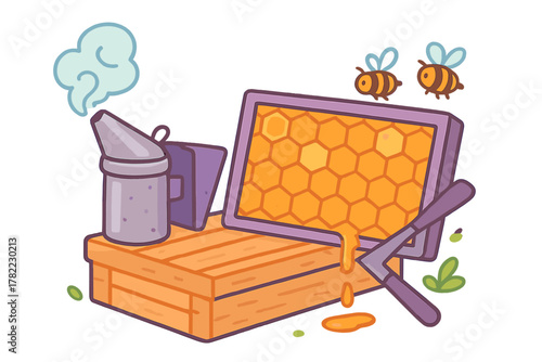 Beekeeping equipment setup with smoking bee smoker and dripping honeycomb frame