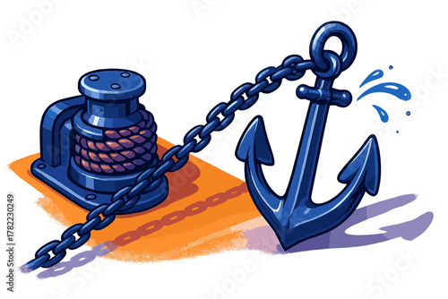Heavy blue anchor and metal chain connected to a ship's mooring bollard with coiled rope