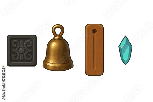 Collection of fantasy game assets: golden bell, carved stone tile, wooden plank, and turquoise crystal gem