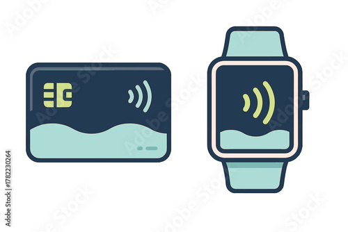 Contactless payment technology concept showing a credit card and a digital smartwatch device