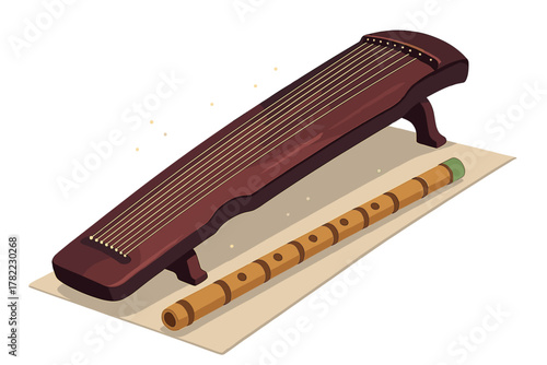 Classic Chinese Guqin zither and Dizi flute traditional musical instruments