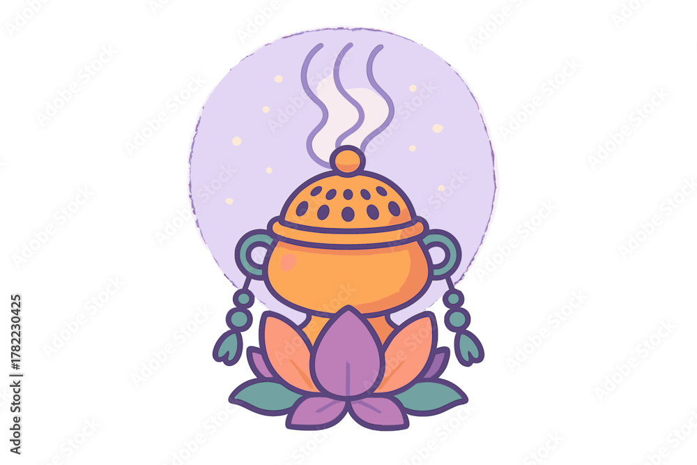 Fototapeta premium Stylized golden censer resting on a vibrant purple lotus flower with rising smoke