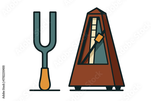 Classic musical tools metronome and tuning fork used by musicians for rhythm and pitch practice