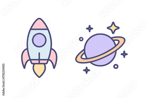 Colorful rocket ship and purple ringed planet symbols for space exploration