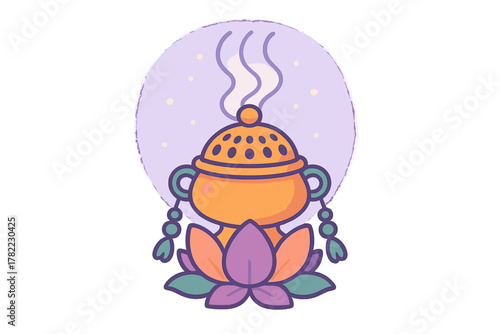 Stylized golden censer resting on a vibrant purple lotus flower with rising smoke