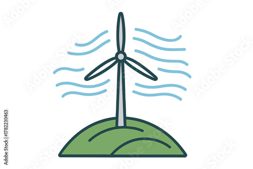 Simple wind turbine generating clean renewable energy on a grassy hill with wind blowing